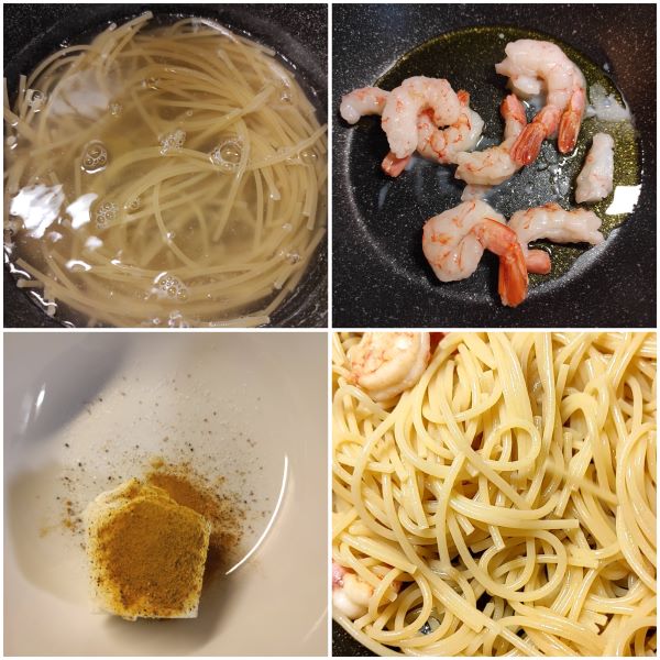 preparazione della pasta con gamberi curcuma e ricotta