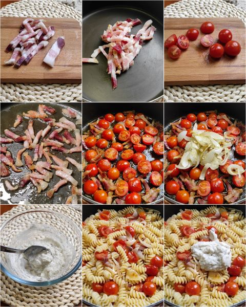 Zubereitung der Pasta mit Guanciale und Kirschtomaten