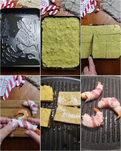 Zubereitung der Polenta-Crostini mit Fisch