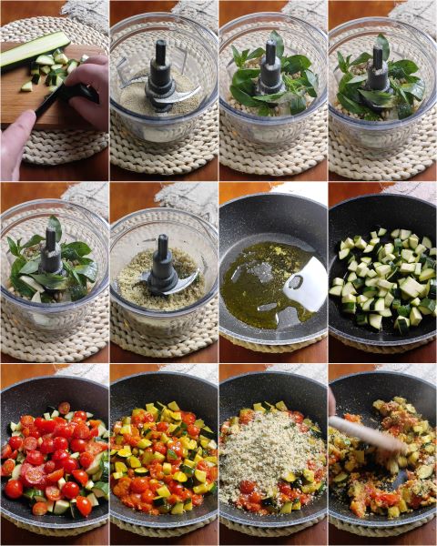 zubereitung der zucchini und kirschtomaten in der pfanne gratiniert