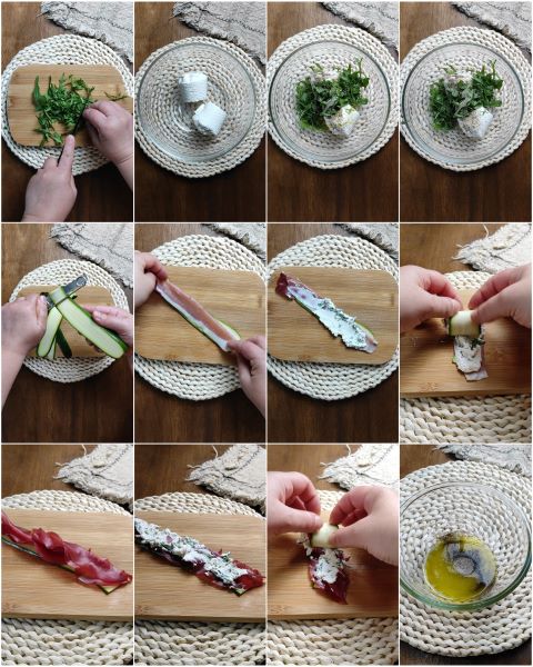 Zubereitung der Zucchinirollen mit Schinken und Käse