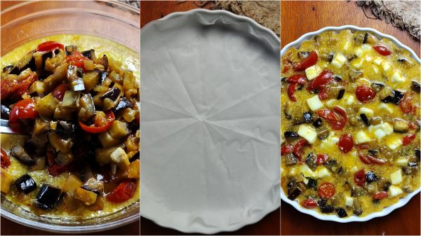 Zubereitung des im Ofen gebackenen Omeletts mit Auberginen und Kirschtomaten