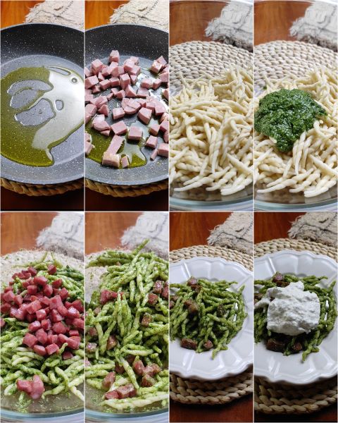 Zubereitung des kalten Nudelsalats mit Rucola-Pesto