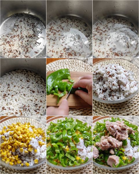 Zubereitung des Reissalats mit Thunfisch