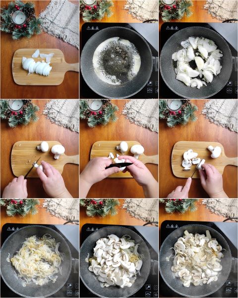 Zwiebeln und Pilze säubern und bei niedriger Hitze in der Pfanne kochen