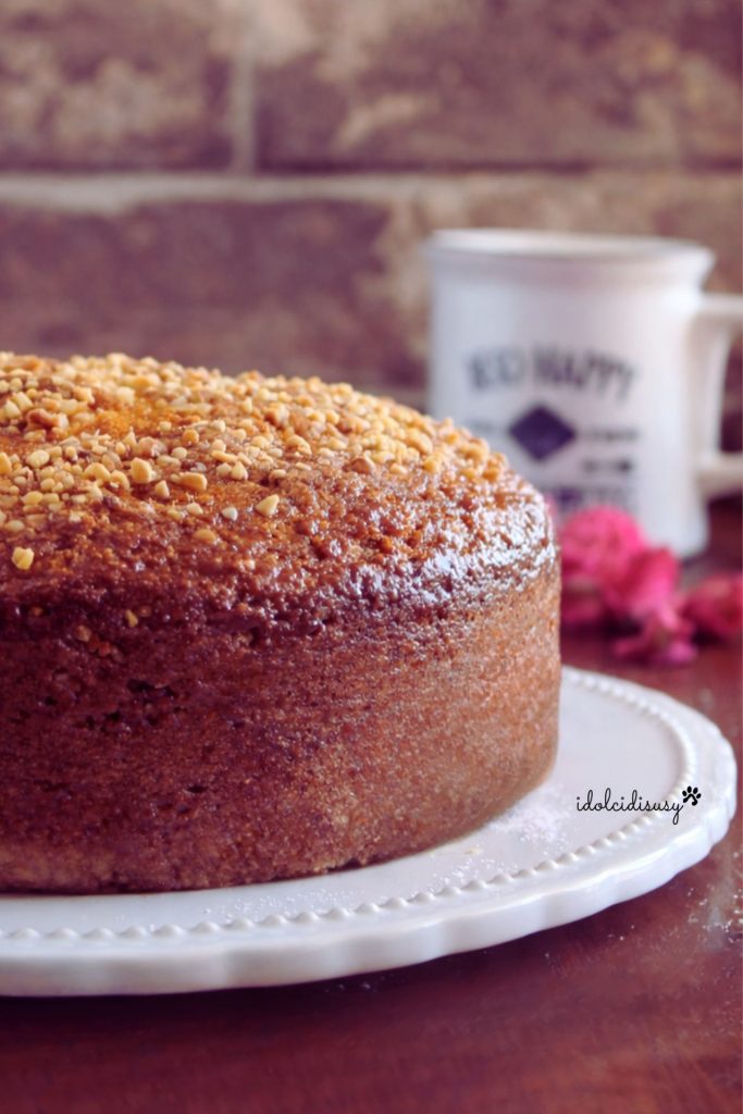 Griechischer Joghurtkuchen fluffig auf weißem Teller mit Nusskrokant
