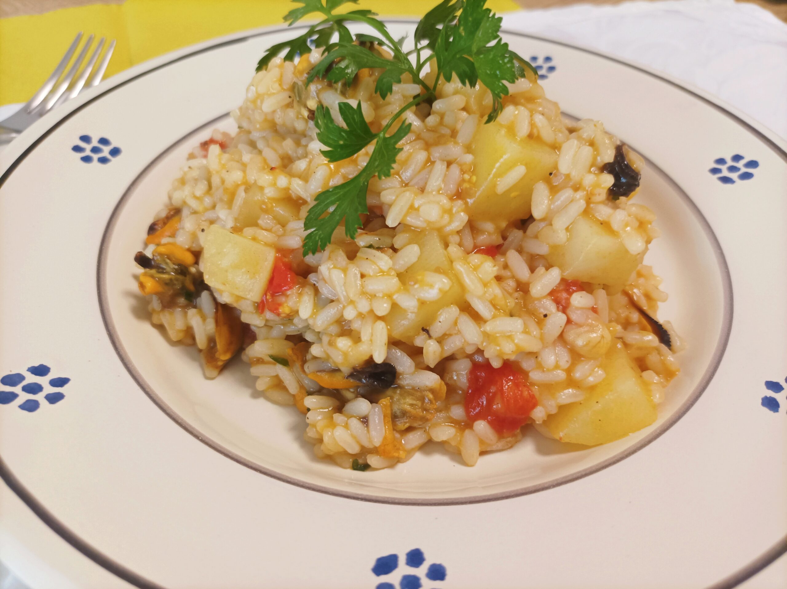 Risotto mit Kartoffeln, Miesmuscheln und Reis