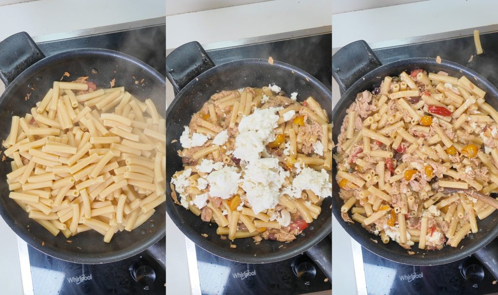 Überbackene Pasta mit Thunfisch, Geschmolzenem Mozzarella, Oliven und Kapern