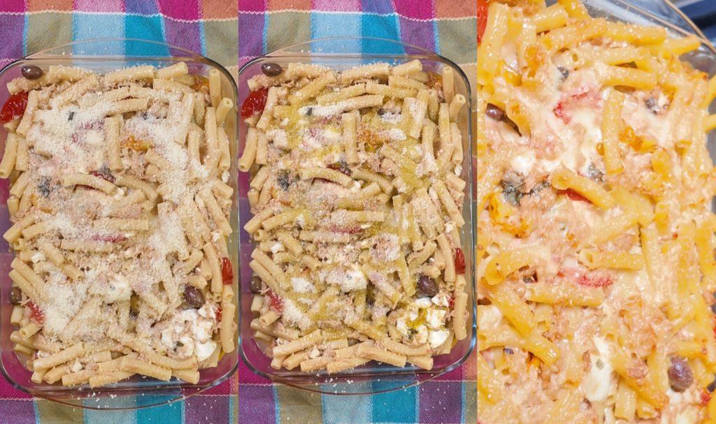 Überbackene Pasta mit Thunfisch, Geschmolzenem Mozzarella, Oliven und Kapern