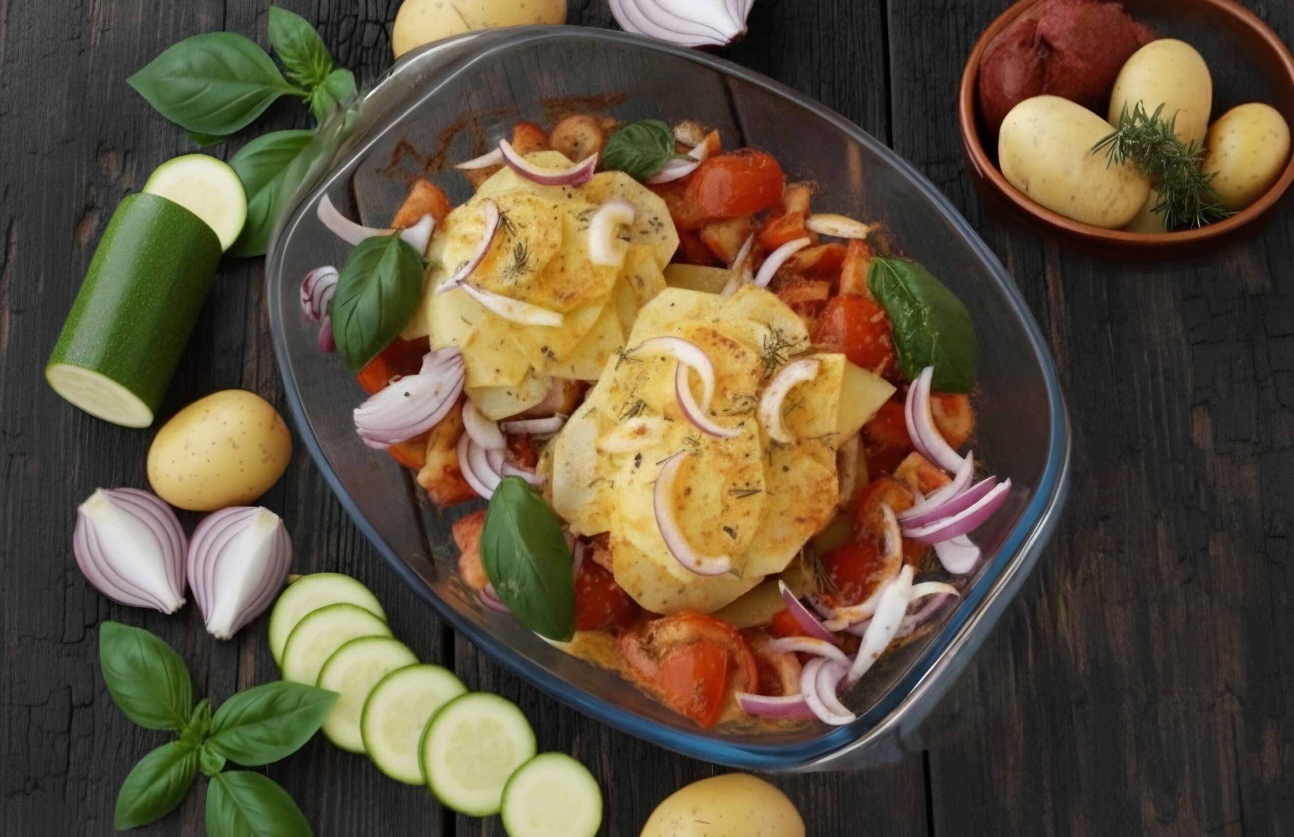 Fischmedaillons und gratiniertes Gemüse