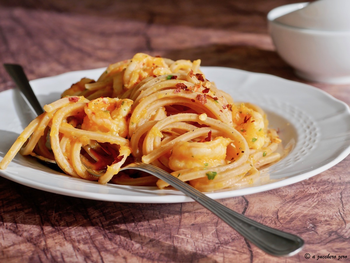 Pasta mit Kürbis und Garnelen light cremig und zart