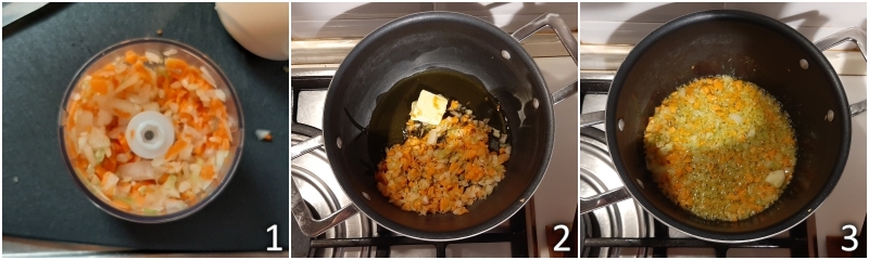 a. Sellerie, Karotte und Zwiebel fein hacken und in Öl und Butter anbraten