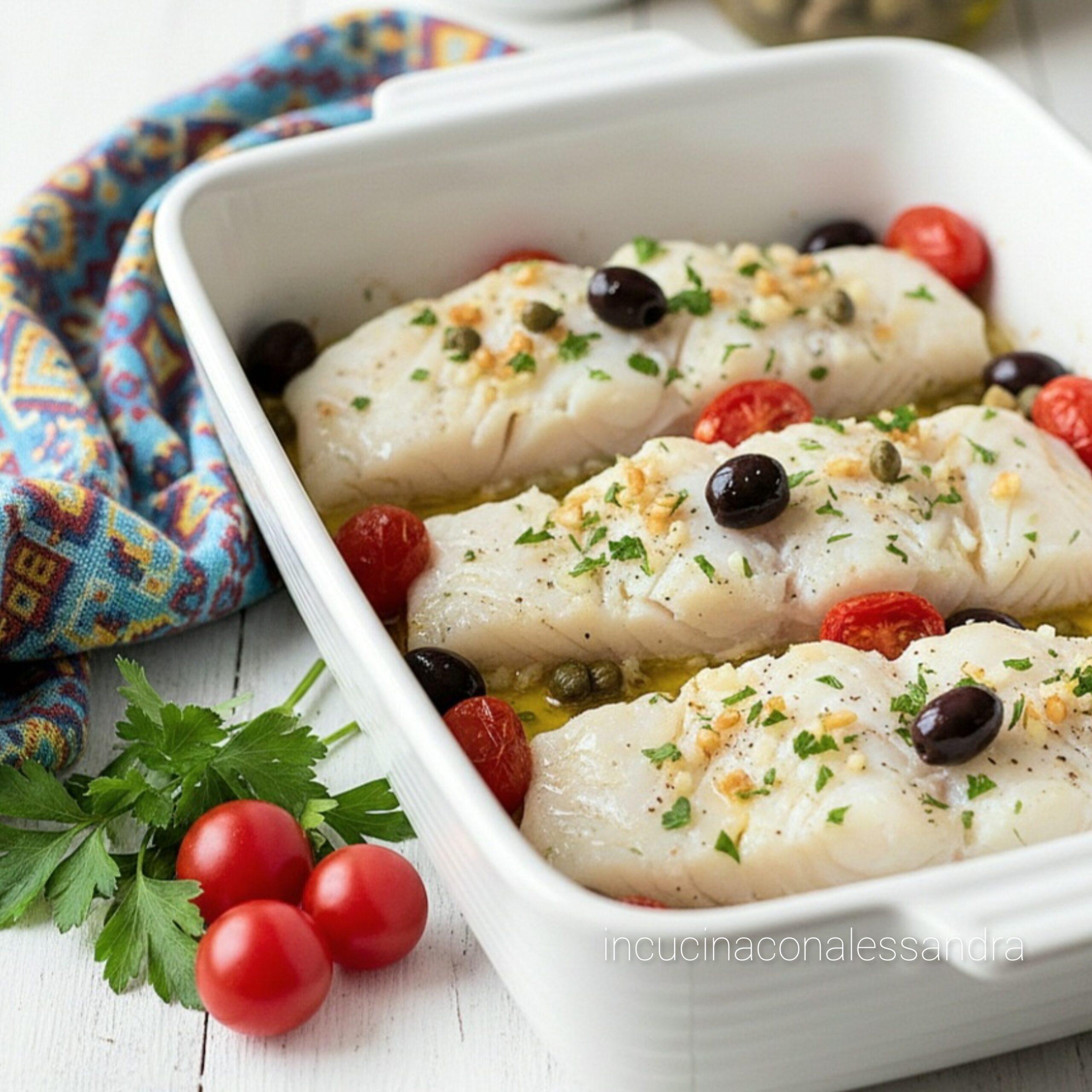 Kabeljaufilets mit Kirschtomaten und Oliven