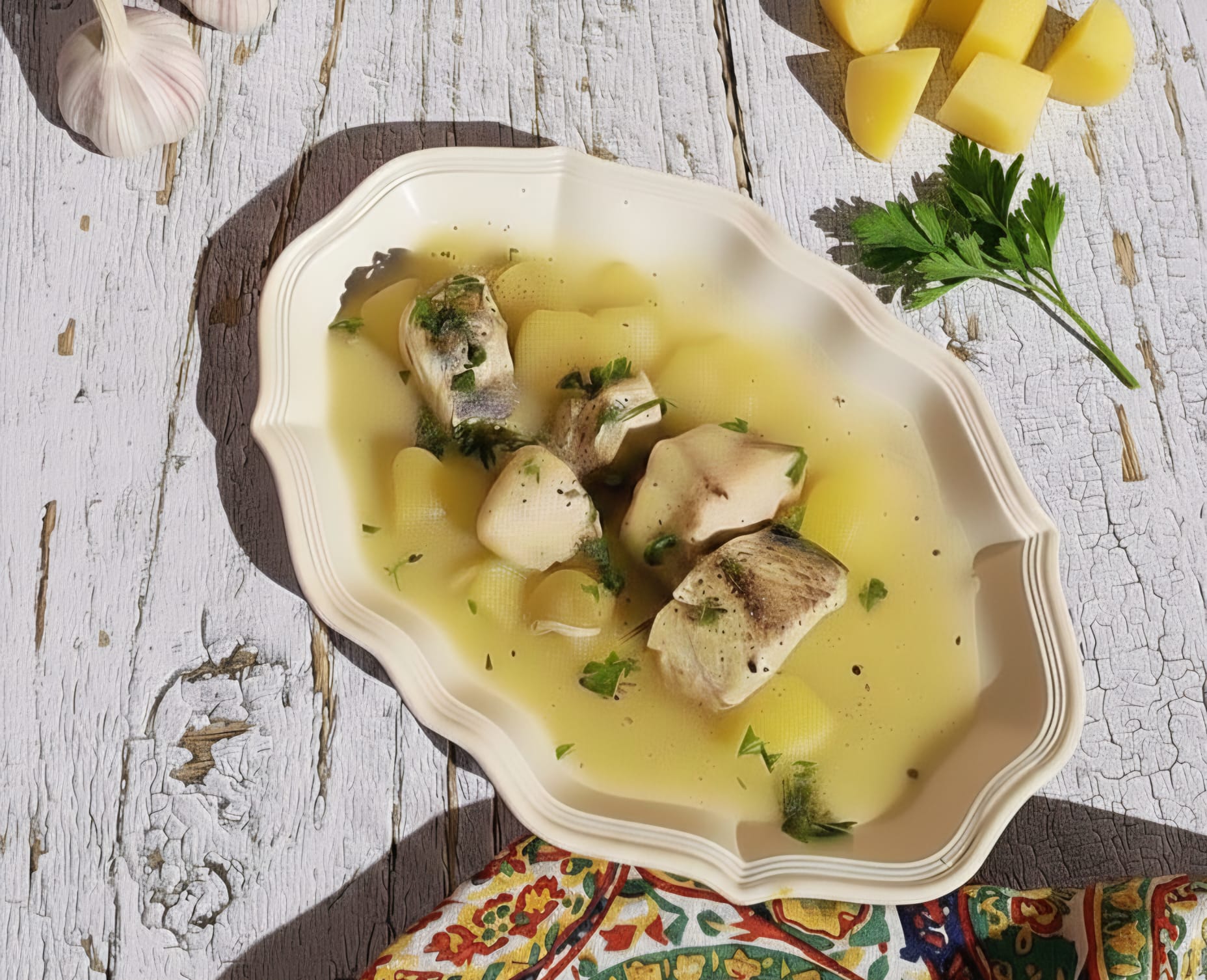 Bonito-Stücke mit Kartoffeln als Eintopf