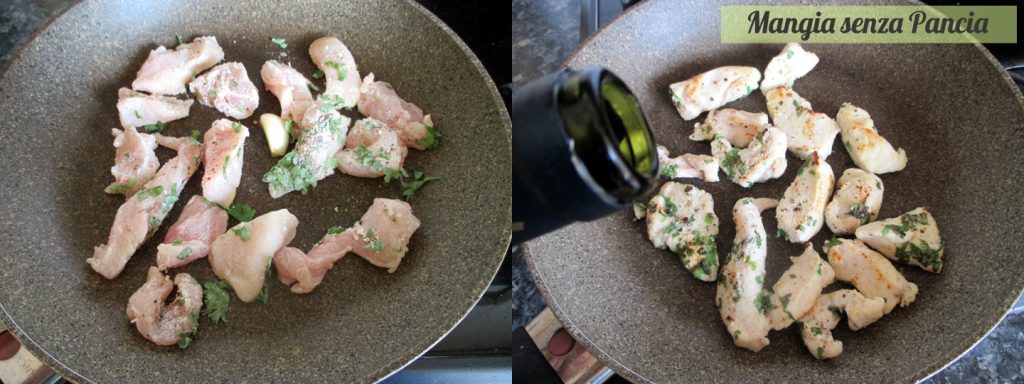 Hähnchen mit Kartoffeln und Erbsen in der Pfanne, Mangia senza Pancia