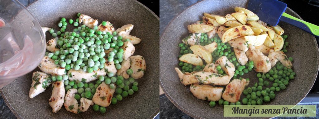 Hähnchen mit Kartoffeln und Erbsen in der Pfanne, Mangia senza Pancia
