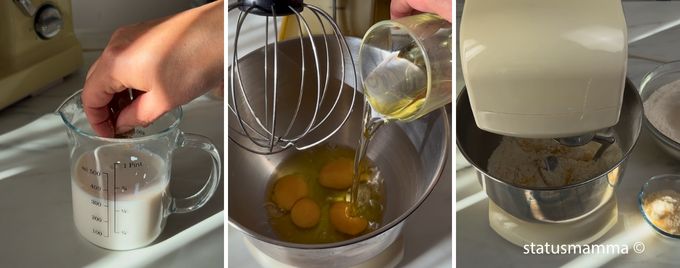 Lauwarme Milch mit zerbröckelter frischer Hefe, die sich auflöst, Eier und Öl, Zugabe von Mehl