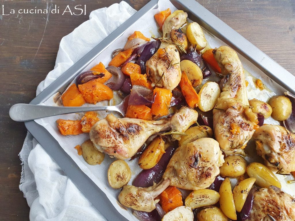 Ofenhähnchen mit Kartoffeln, Süßkartoffeln und Zwiebeln