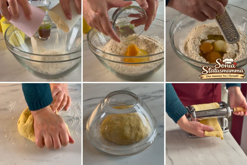 Phasen der Zubereitung der hausgemachten Chiacchiere ohne Waage, Methode des Glases