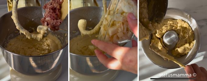 Zugabe von Aufschnitt, Zugabe von Käse, rustikaler gesalzener Teig in der Form