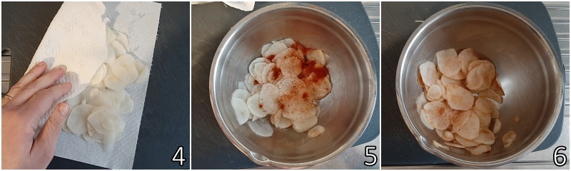 b. Würzen Sie die Topinambur-Chips mit Salz, Pfeffer und Paprika