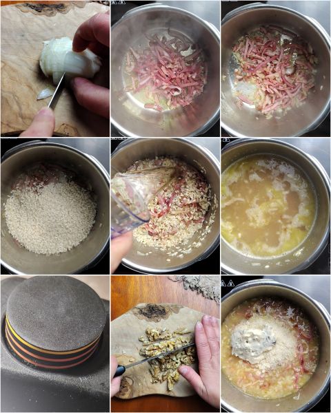 Zubereitung des Risottos mit Gorgonzola, Speck und Walnüssen im Schnellkochtopf