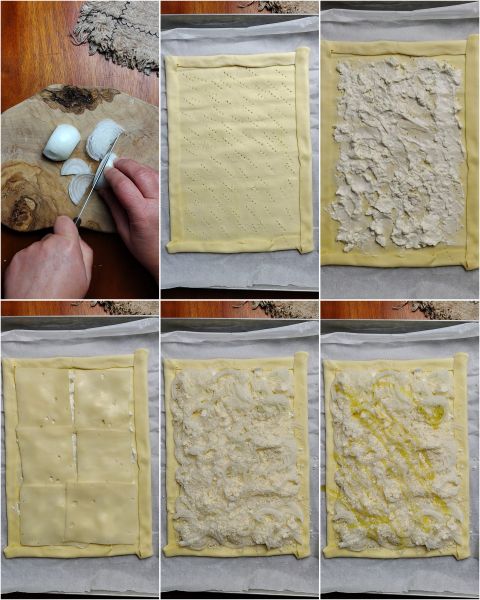 Vorbereitung des Blätterteigs mit Zwiebeln