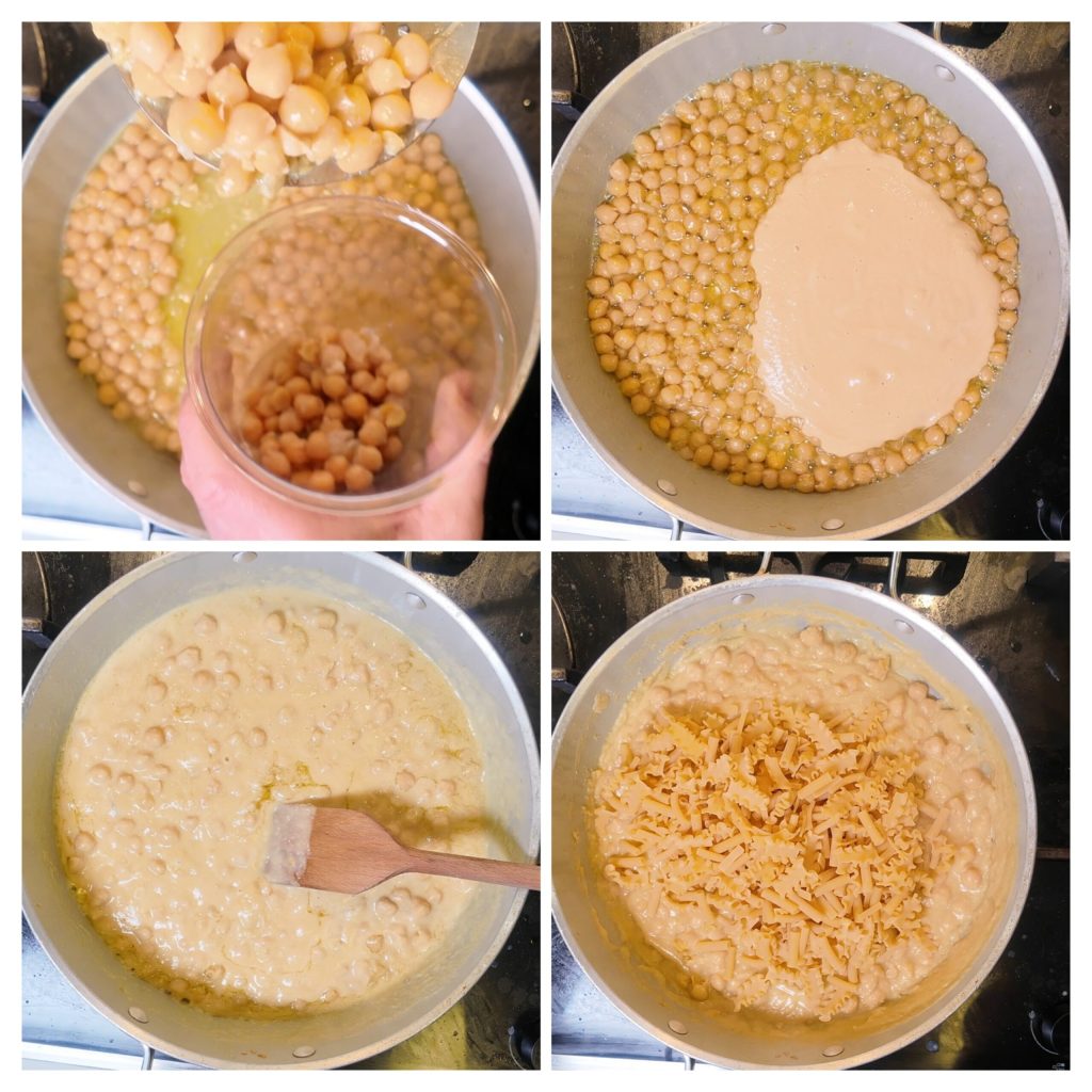 Zugabe von pürierter Kichererbsencreme zu ganzen Kichererbsen für Cremigkeit