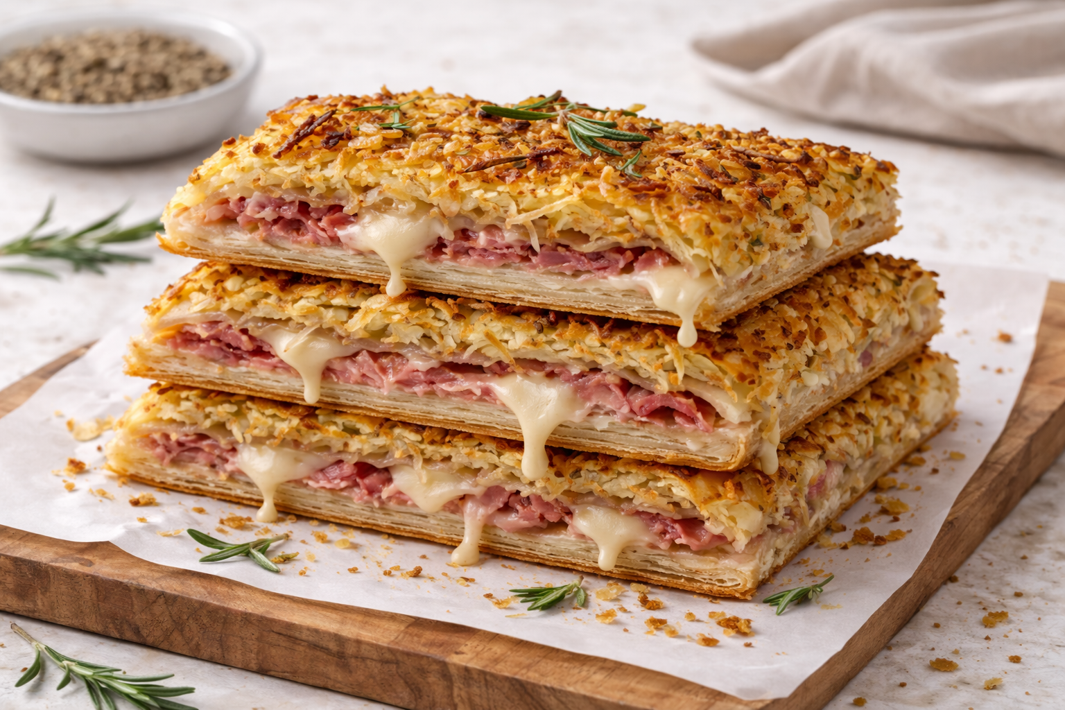 Knusprige Schiacciata aus Blätterteig mit Kartoffeln, Speck und Käse