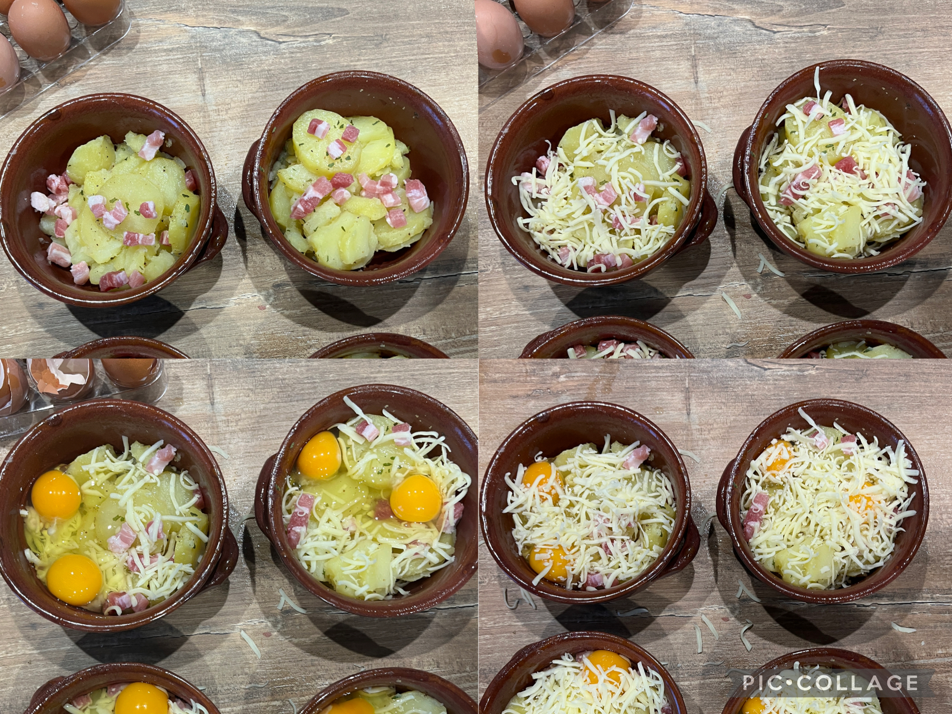 Terrinen mit Eiern, Kartoffeln und Speck aus dem Ofen