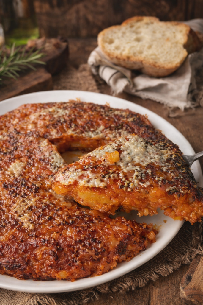 Kartoffel-Frittata in der Pfanne mit Tomaten, mit einer servierten Scheibe