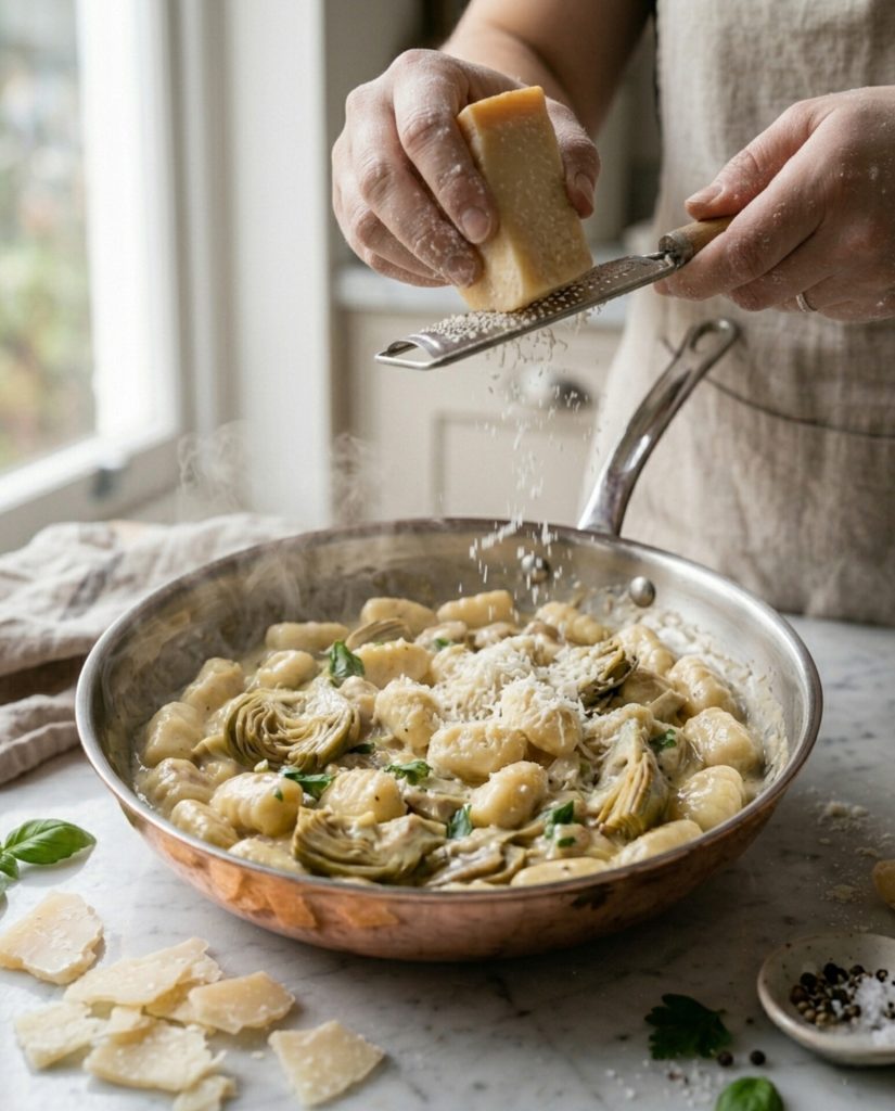 Wir würzen die Gnocchi mit den Artischocken