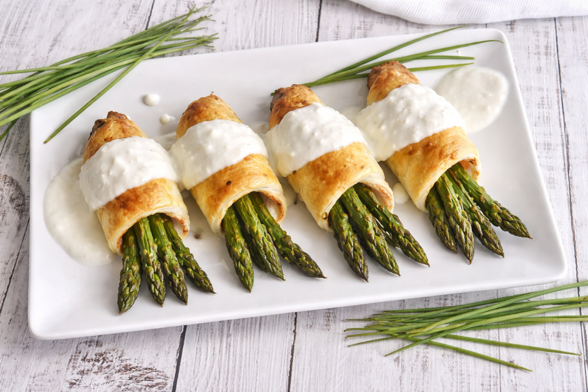 BLÄTTERTEIGTÄSCHCHEN MIT SPARGEL UND SPECK