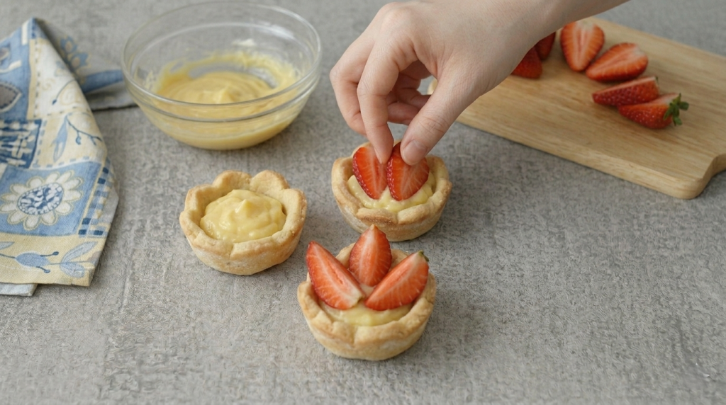 Erdbeeren auf der Creme anrichten