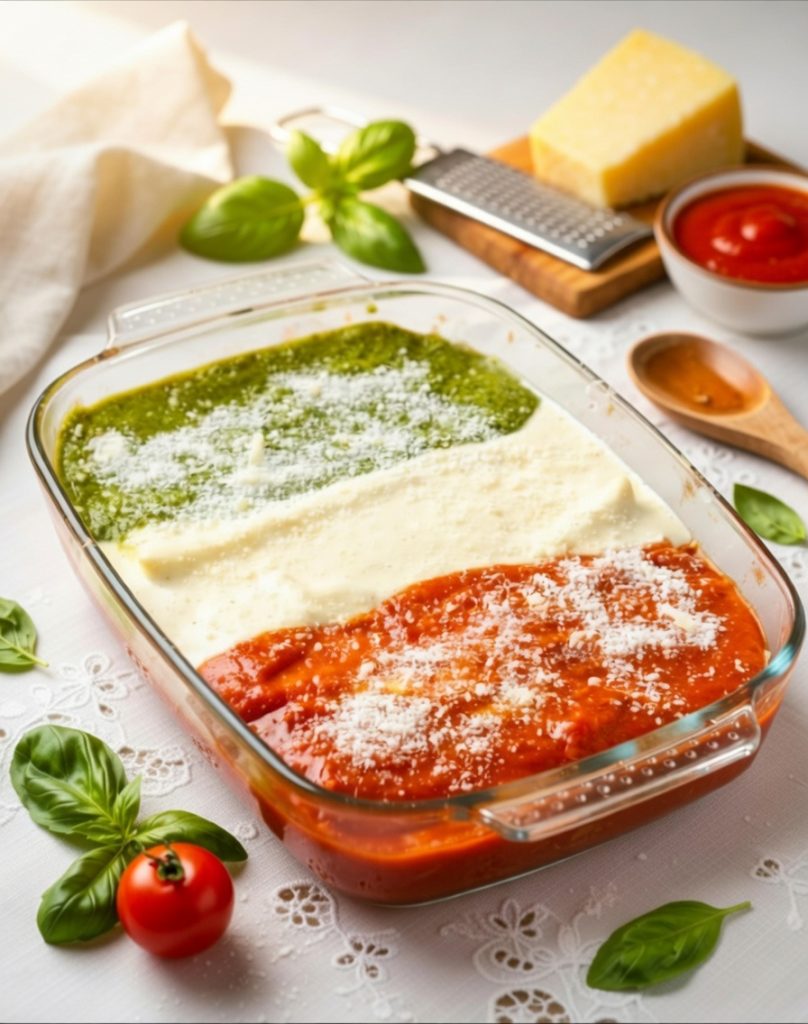 Dreifarbige Lasagne mit Pesto, Béchamel und Ragù