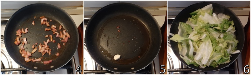 b. Knoblauch im Öl andünsten und die feuchte Scarola dazugeben