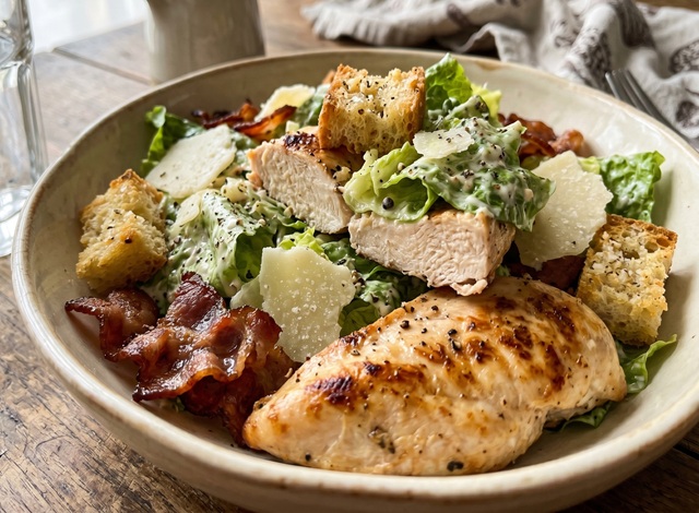 Originaler reichhaltiger Caesar-Salat mit Hähnchen und Bacon