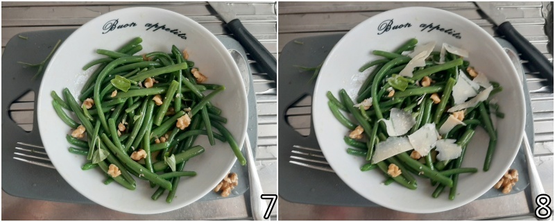 d. Grana‑Flocken und Walnüsse zum Bohnensalat geben