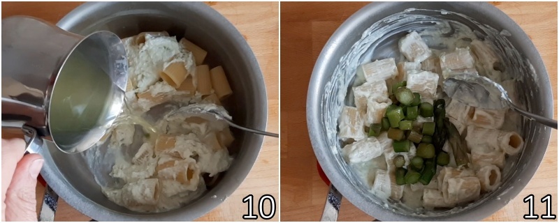 d. die pasta mit der spargel-ricotta-creme und den spargelspitzen anrichten