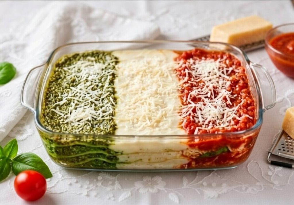 Dreifarbige Lasagne mit Pesto, Béchamel und Ragù