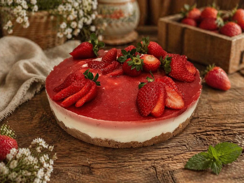 No‑Bake Erdbeer‑Cheesecake auf rustikalem Tisch mit frischen Erdbeeren