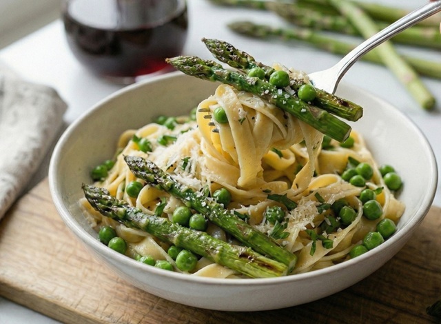 Pasta Primavera mit Spargel, Zuckerschoten und Erbsen: die perfekte grüne Mischung