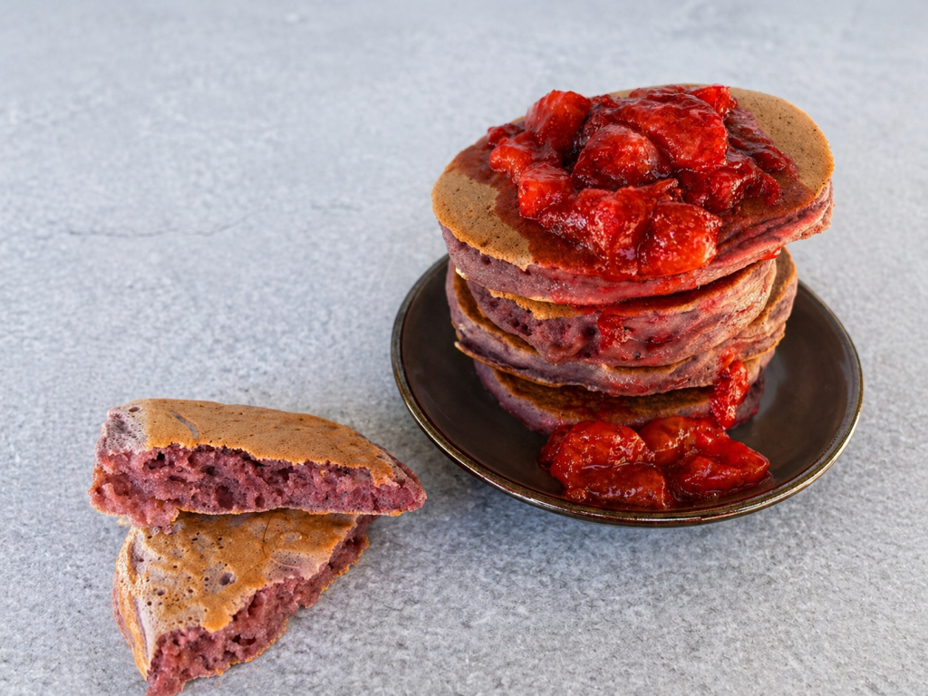 Fluffige, hohe Erdbeer-Pancakes mit Erdbeersauce und rosa Innenleben