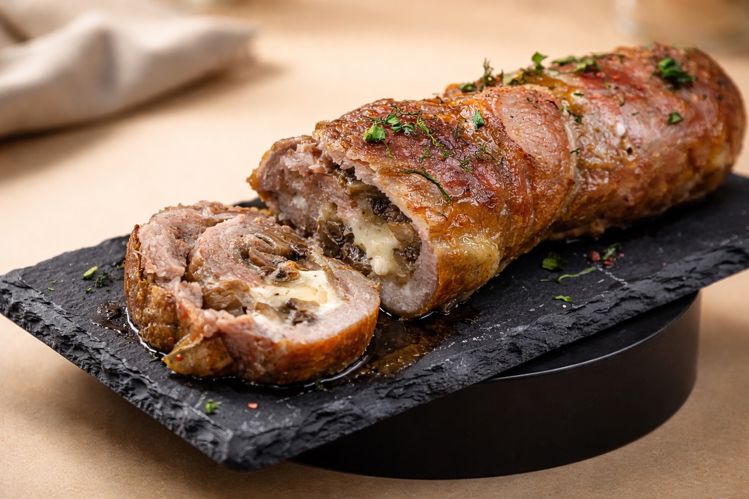 Fleischroulade mit Scamorza, Pilzen und Mozzarella