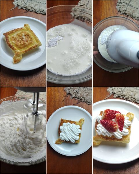 Schlagen Sie die Sahne mit Zucker und füllen Sie mit Sahne und Erdbeeren