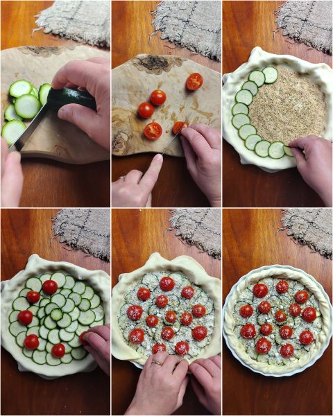 vorbereitung der herhaften tarte mit zucchini und cherrytomaten