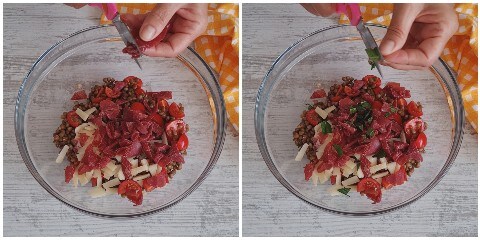 Lentilles froides avec roquette et bresaola, préparation