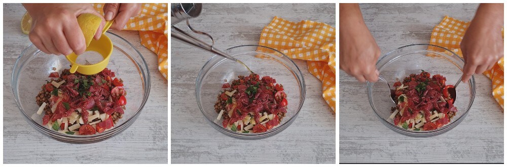 Salade de lentilles avec bresaola et parmesan, préparation