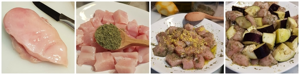 brochettes de poulet et d'aubergines