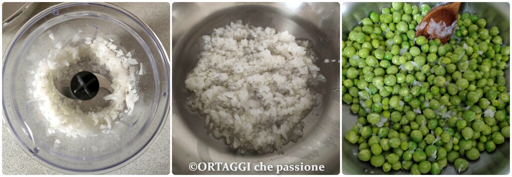 oignons et pois dans la poêle